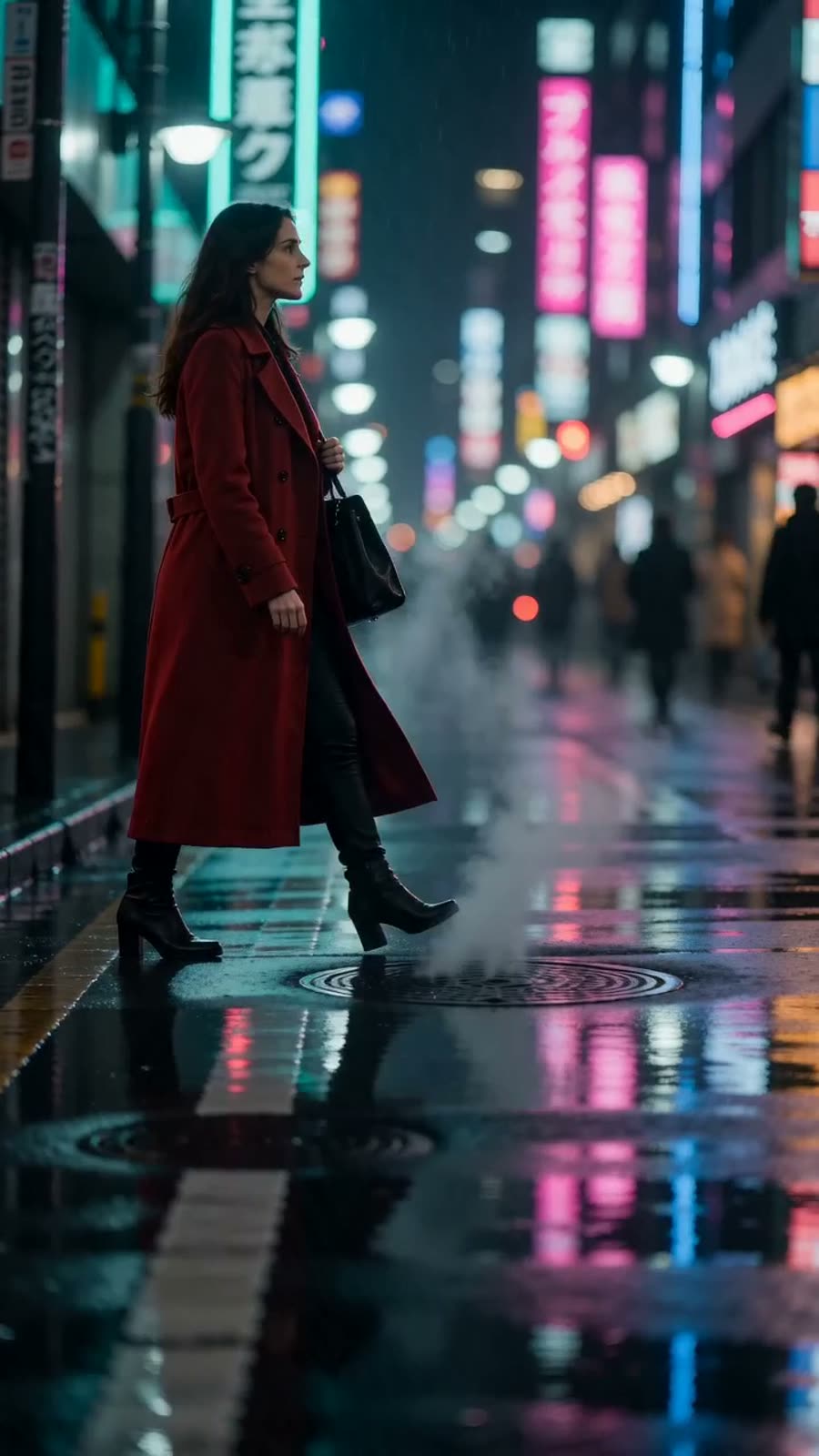 Woman in red coat slowly crosses a Tokyo street at night under light rain — cinema neo-noir, low angle dolly, cyan and magenta neon reflecting on wet asphalt, steam rising from manholes, 35mm anamorphic