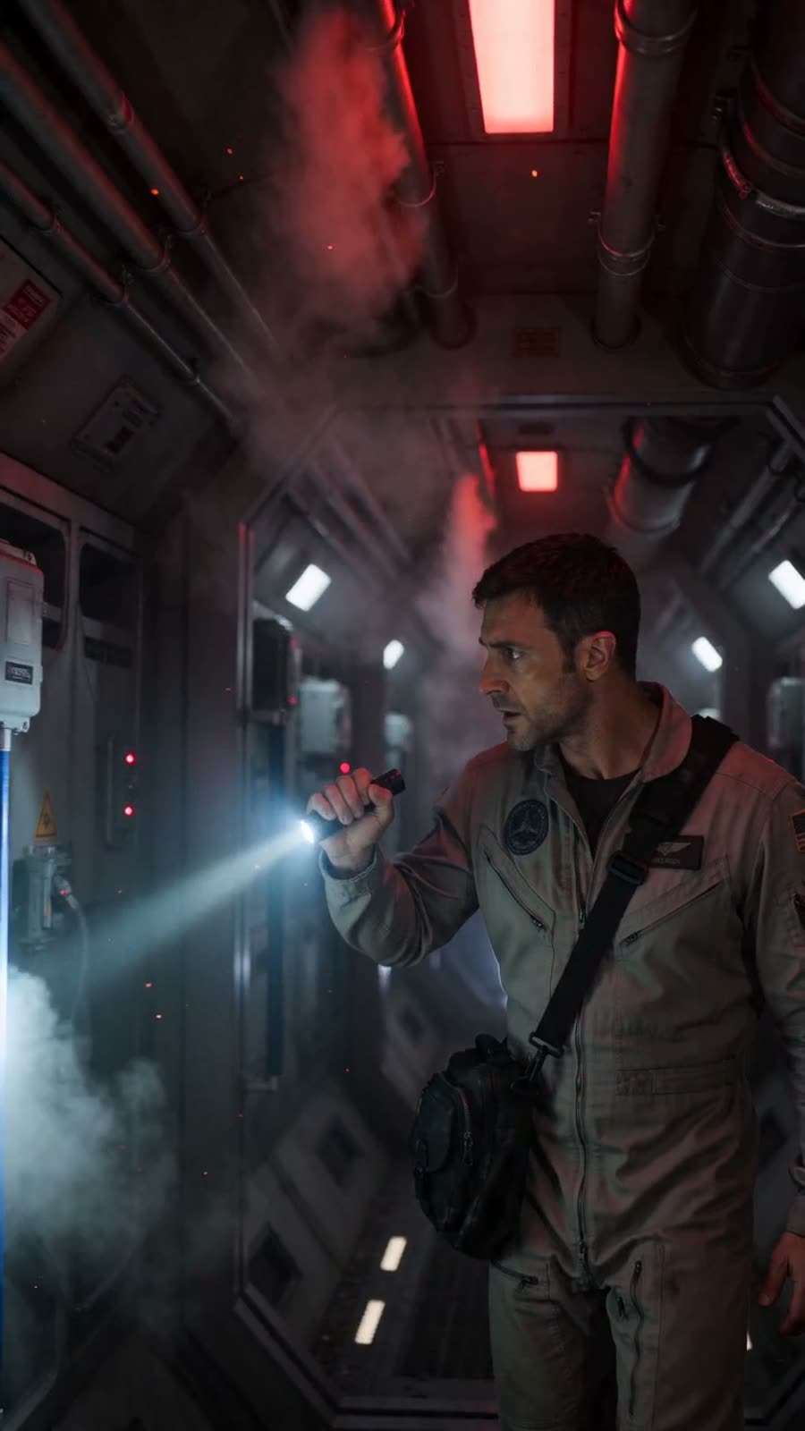 Engineer with flashlight walks through corridor of an abandoned spaceship, smoke leaking from the ducts — light handheld, red emergency lighting, particles in the air